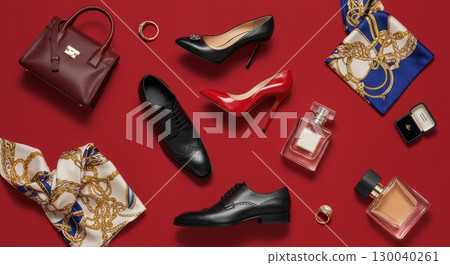 彩色背景圖像,配有時尚鞋、包包和配件 彩色背景圖像,配有時尚鞋、包包和配件 130040261