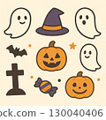 簡單可愛的萬聖節圖示集：鬼魂、南瓜和女巫帽 130040406