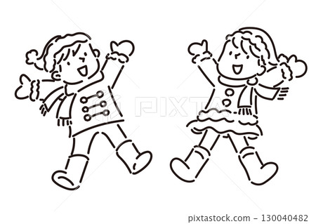 黑白插畫：歡快的孩子們在冬天跳躍 130040482