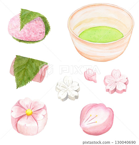 手繪水彩插圖的一套櫻花日式糖果和薄茶 130040690