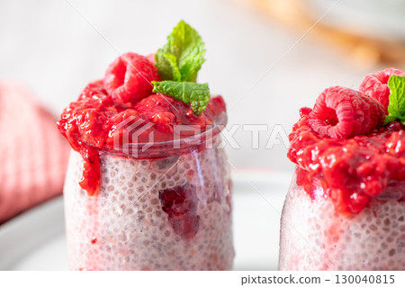 Eye-level close-up of raspberry chia pudding 130040815