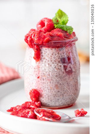 Delicious raspberry chia pudding close-up Delicious raspberry chia pudding close-up 130040816