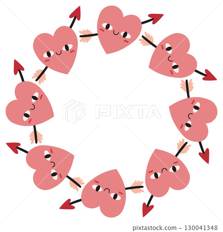 Valentines day heart circle frame. Round love themed border made of hearts. Pink and red colors happy valentine day hand drawn banner vector isolated on white background. Valentines day heart circle frame. Round love themed border made of hearts. Pink and red colors happy valentine day hand drawn banner vector isolated on white background. 130041348
