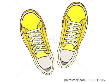 從正上方觀看的黃色運動鞋的圖示插圖 從正上方觀看的黃色運動鞋的圖示插圖 130041407