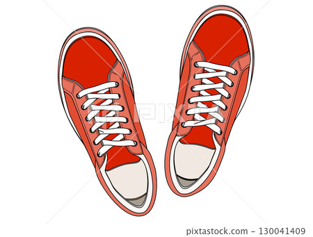 從正上方觀看的紅色運動鞋的圖示插圖 從正上方觀看的紅色運動鞋的圖示插圖 130041409