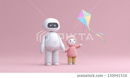 Living together in AI digital world, Cute robot and child holding hands flying a colorful kite on pink background 130041538