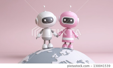 Living together in AI digital world, Cute white and pink robots holding hands on globe with pink background 130041539