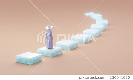 Woman in hat walking on glowing stepping stones in surreal minimal landscape 130041650