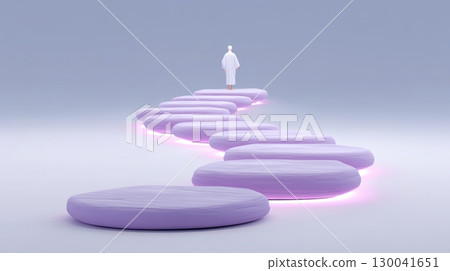 Person walking on abstract purple stepping stones in minimalistic space 130041651