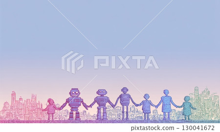 Living together in AI digital world, Children and robots holding hands with cityscape background 130041672