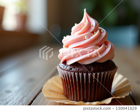 Delicious Close-Up Chocolate Cupcake with Pink Frosting and Sprinkles Dessert 130041829