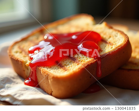 Delicious Close Up Toast with Red Jelly Food Breakfast Morning 130041835