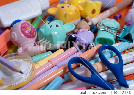 Colorful stationery items forming a back to school background 130042128
