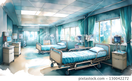 A brightly lit, clean hospital room with two beds, medical equipment, and large windows with blue curtains, rendered in an anime-inspired style 130042272