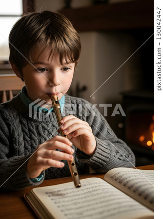 A serious young boy is seen sitting at a table in a cozy home, learning to play the flute from a sheet of music 130042447