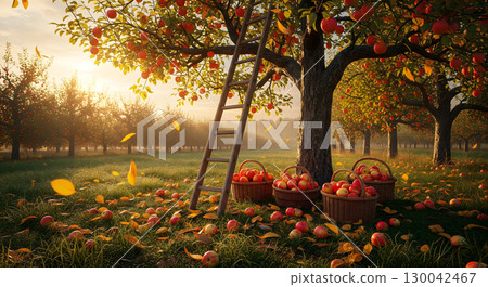 A vibrant apple orchard is depicted during a beautiful fall harvest, with a ladder leaning against a tree and baskets filled with apples A vibrant apple orchard is depicted during a beautiful fall harvest, with a ladder leaning against a tree and baskets filled with apples 130042467