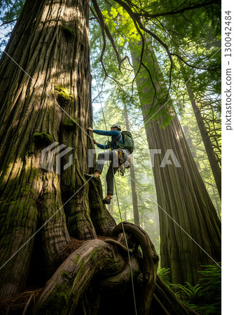 A determined male climber ascends a massive redwood tree in a forest, with ropes and equipment, appearing focused and ready for the challenge 130042484