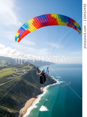A female paraglider soars over a rugged coastline, flying a colorful rainbow parachute with a sense of freedom and exhilaration 130042499