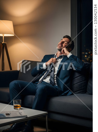 A man in his fifties appears relaxed and tired, loosening his tie and sitting on a sofa in a living room, with a drink nearby 130042534