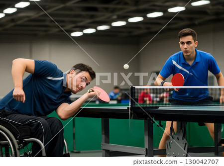 Two adult male athletes play a competitive game of table tennis indoors, one in a wheelchair, both intently focused on the bouncing ball 130042707