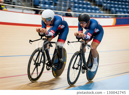 Two cyclists, a woman in her 20s with a prosthetic leg and a man in his 20s, intently race on a velodrome track in matching uniforms 130042745