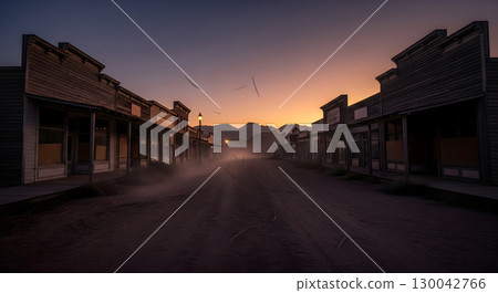 A quiet, deserted old Western town street with dusty roads, framed by rustic wooden buildings under a warm, peaceful sunset 130042766
