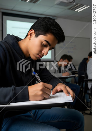 A serious male student with a focused expression takes notes with a pen in a classroom 130042797