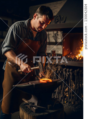 A serious, middle-aged male blacksmith forges a horseshoe with a hammer on an anvil, creating sparks in his workshop near a hot furnace 130042804