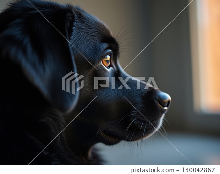 Close Up Portrait of Black Labrador Dog Looking Out Window Indoors 130042867