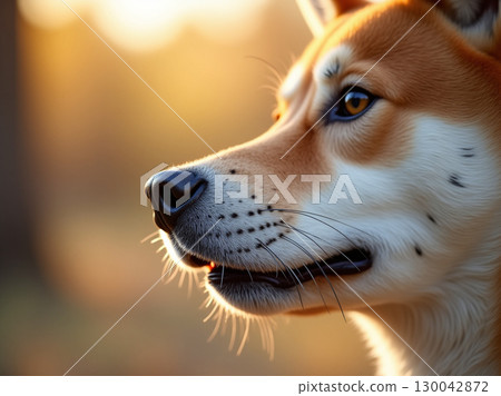 Close-Up Portrait of Shiba Inu Breed Dog Head in Golden Light 130042872