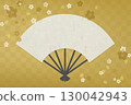 節慶或奢華的日式格紋金背景上櫻花暴風雪和折扇 130042943