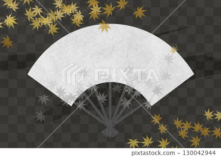 A Japanese-style template of dancing autumn leaves and a fan on a black checkered background 130042944