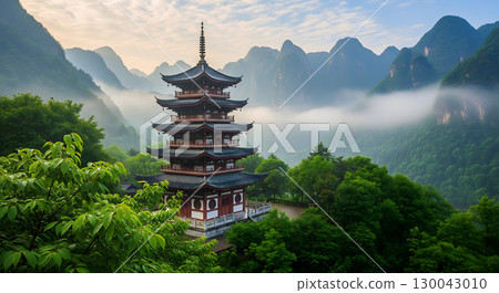 A beautiful multi-tiered pagoda stands gracefully amidst lush green mountains and swirling mists under a soft, ethereal sky A beautiful multi-tiered pagoda stands gracefully amidst lush green mountains and swirling mists under a soft, ethereal sky 130043010
