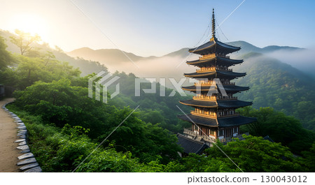 A beautiful shot of an ornate pagoda nestled in a lush, green mountain landscape at sunrise with a foggy backdrop 130043012