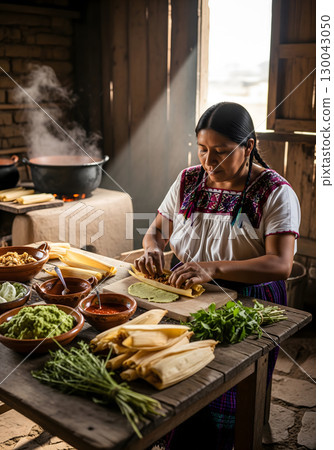 A Hispanic woman, 40s, prepares traditional tamales on a wooden table, with corn husks and various ingredients in an authentic kitchen A Hispanic woman, 40s, prepares traditional tamales on a wooden table, with corn husks and various ingredients in an authentic kitchen 130043050
