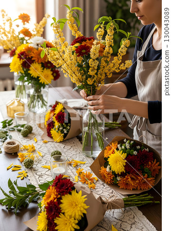 A young adult female florist is arranging a variety of flowers into bouquets, appearing focused and creative in her workshop 130043089