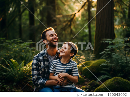 A happy father and his young son, full of laughter and joy, embracing each other in a sun-dappled forest 130043092