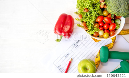 Diet Health Plan. Workout planing. Sport exercise equipment workout and gym background  130043221