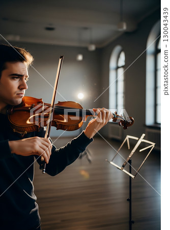 A young male violinist, appearing to be in his twenties, is focused and serious while practicing his instrument in a sunlit, elegant music hall A young male violinist, appearing to be in his twenties, is focused and serious while practicing his instrument in a sunlit, elegant music hall 130043439