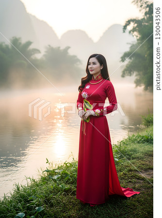 A graceful young Asian woman in a long red ao dai dress stands by a misty river at dawn, with a peaceful, contemplative look 130043506