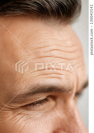 close up of man forehead showing reduced wrinkles and skin texture, highlighting effects of skincare or aging. image captures details of skin and hair close up of man forehead showing reduced wrinkles and skin texture, highlighting effects of skincare or aging. image captures details of skin and hair 130043541
