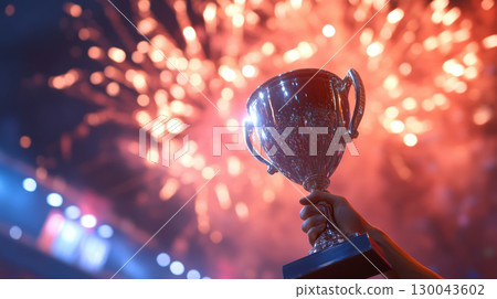 hand holds shiny trophy against backdrop of vibrant fireworks, celebrating championship victory with excitement and triumph 130043602