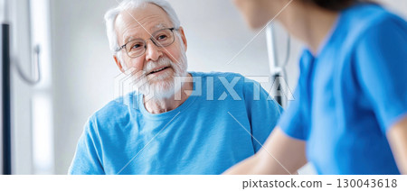 elderly man with beard and glasses is engaged conversation with healthcare worker bright, clinical setting. healthcare worker is wearing blue uniform, indicating professional environment focused 130043618