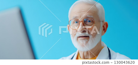 senior male doctor with glasses and white beard is engaging in virtual consultation, looking at computer screen against blue background 130043620