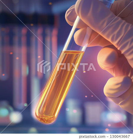 Close up shot of gloved fingers carefully handling glass test tube filled with orange liquid, showcasing laboratory setting with colorful background elements 130043667