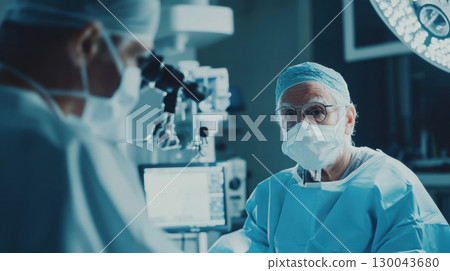 doctor in surgical attire explains cataract surgery procedure to patient, showcasing focused and professional environment 130043680