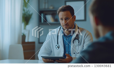 doctor in white coat is having video consultation with patient, showing serious expression while discussing health matters. setting is modern office with soft lighting 130043681