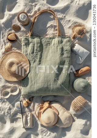 sustainable eco friendly beach bag surrounded by accessories on sand, including hats, sunglasses, and natural materials, creating relaxed summer vibe 130043736