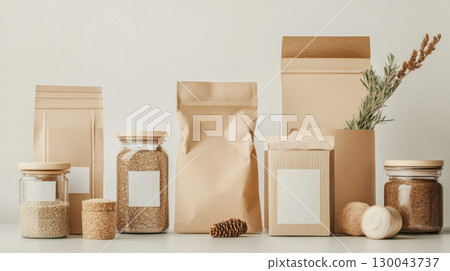Sustainable packaging solutions made from recycled paper, featuring various containers like jars and bags, ideal for eco friendly products and storage 130043737