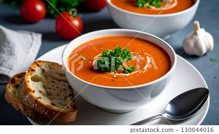 Healthy vegetarian tomato soup with fresh basil and bread is a delicious hot meal for lunch or dinner 130044016